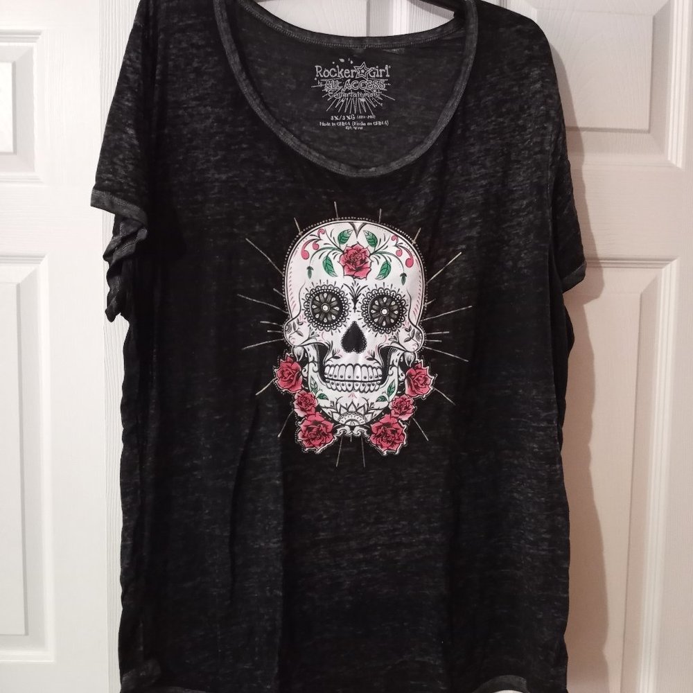 Sheer Black Rocker Girl Sugar Skull Shirt 3X